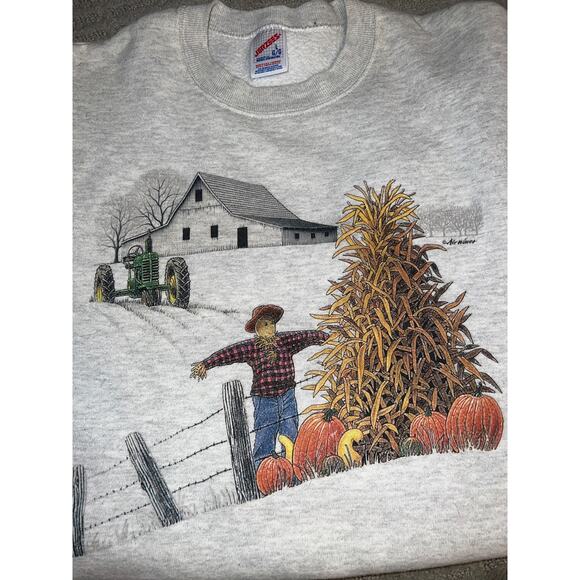 Vintage 90s Farm autumn fall scarecrow pumpkin crew neck sweatshirt size large - Picture 3 of 3